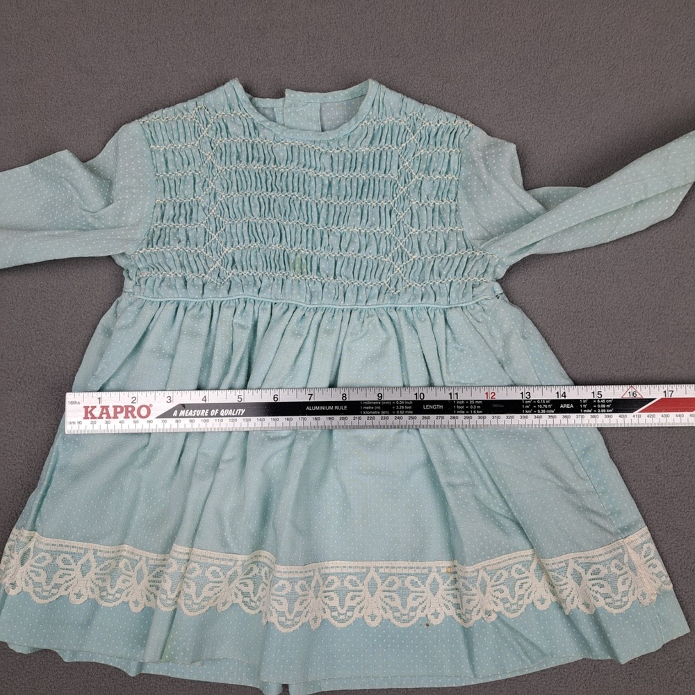Vintage Handmade Girls Dress Size 4-5 Blue White Lace‎ Trimmed Polka Dot 50s 60s - Picture 5 of 15